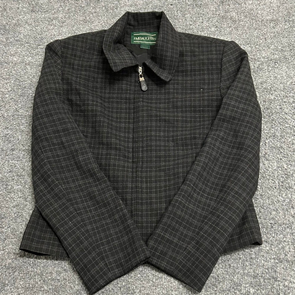 J. McLaughlin Jacket Womens Size 4 Black Plaid Zip Up Collared Made in USA